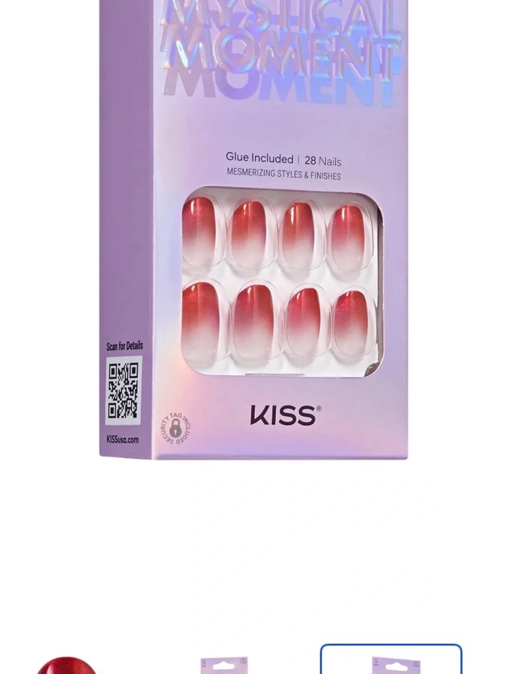 KISS Mystical Moment Press-On Nails Heartbeats Red Ombre Shimmer 28ct New